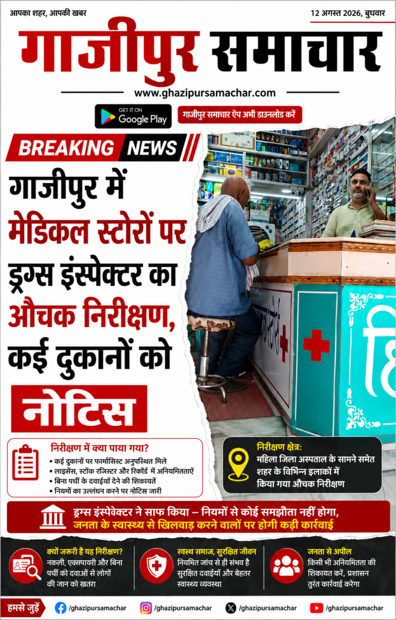 गाजीपुर में मेडिकल स्टोर का निरीक्षण करते ड्रग्स इंस्पेक्टर रजत कुमार पांडेय
